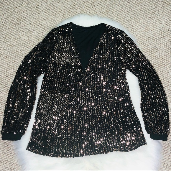 Women's Gold Sequin Black Jacket Loose fitted No buttons Long Sleeves - Picture 7 of 7